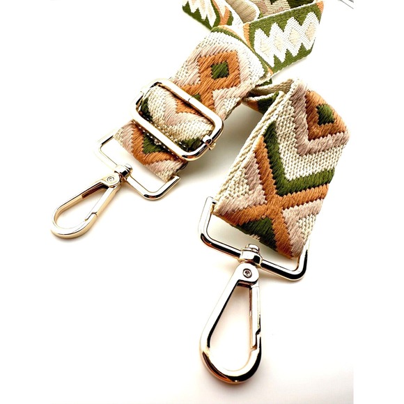 Embroidered Green Brown & Ivory Crossbody Replacement Purse Strap Gold Clasp NEW - Picture 2 of 2